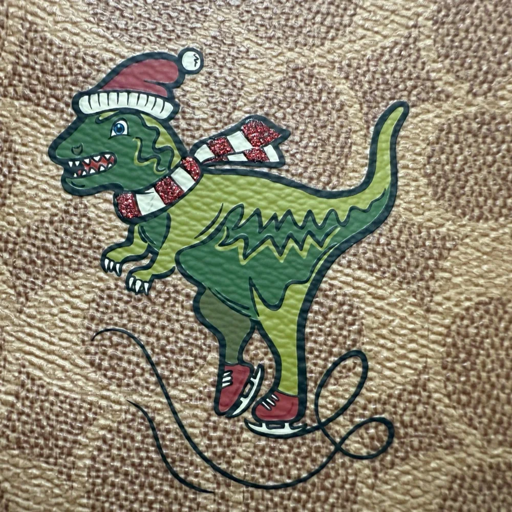 EUC Coach Holiday Rexy Ski Signature Brown Wristlet with Green Dinosaur Design - Picture 5 of 7